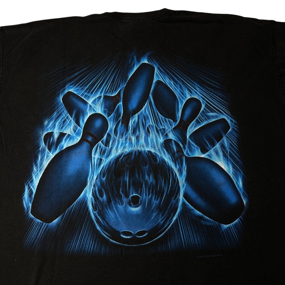 Vintage Y2K Blue Flame Bowling Faded Graphic Tee 2XL